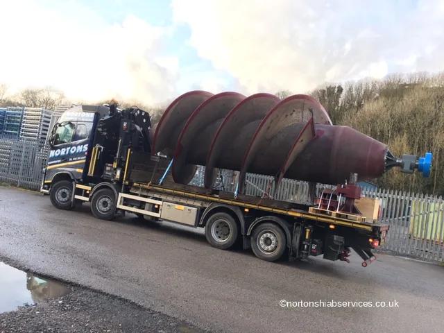 Archimedes screw water turbine loaded on a Nortons hiab lorry