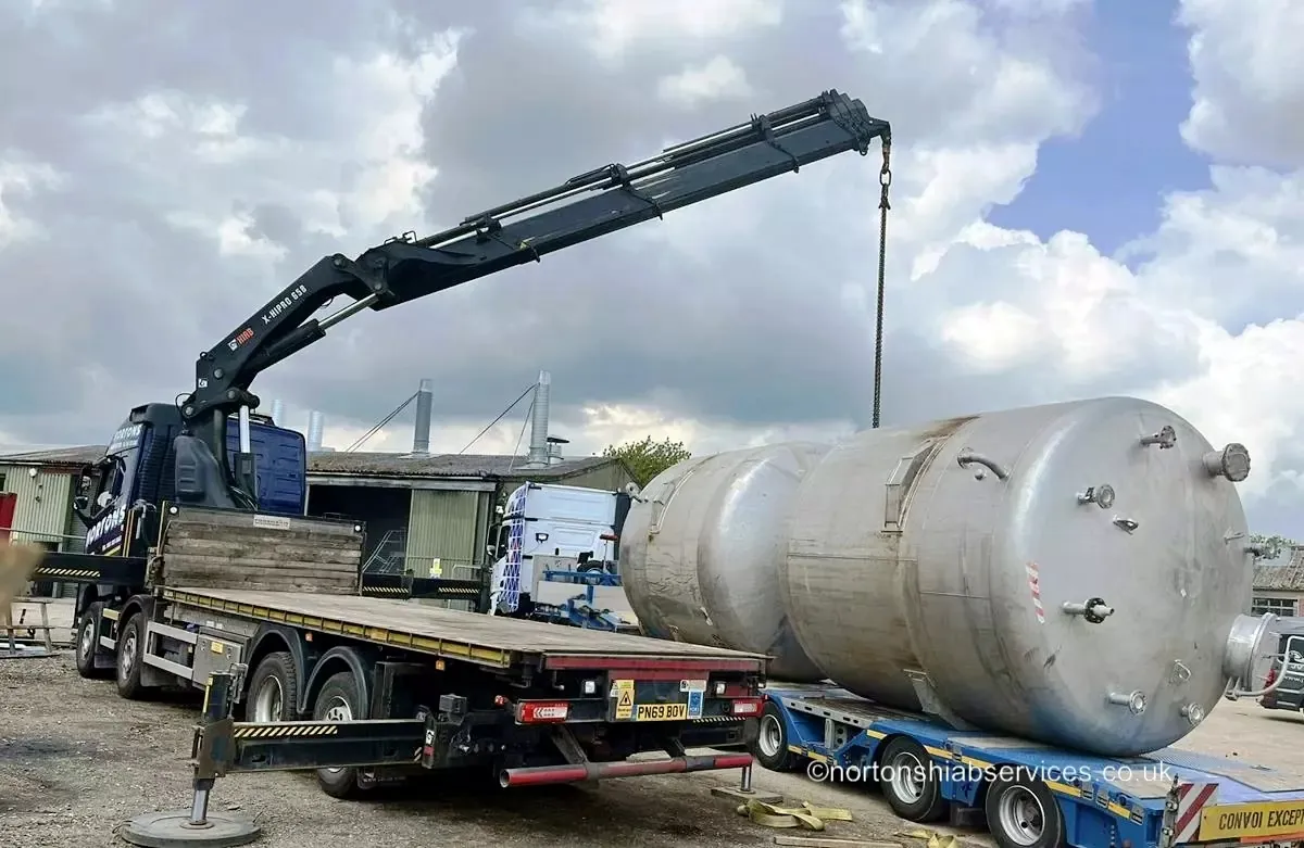 Nortons hiab lorry loaded with a large pressure vessel, planned as a single lift