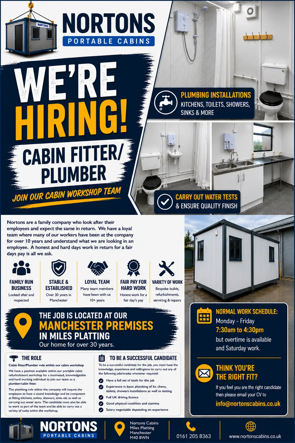 Nortons Portable Cabins vacancy poster for a cabin fitter and plumber in Manchester