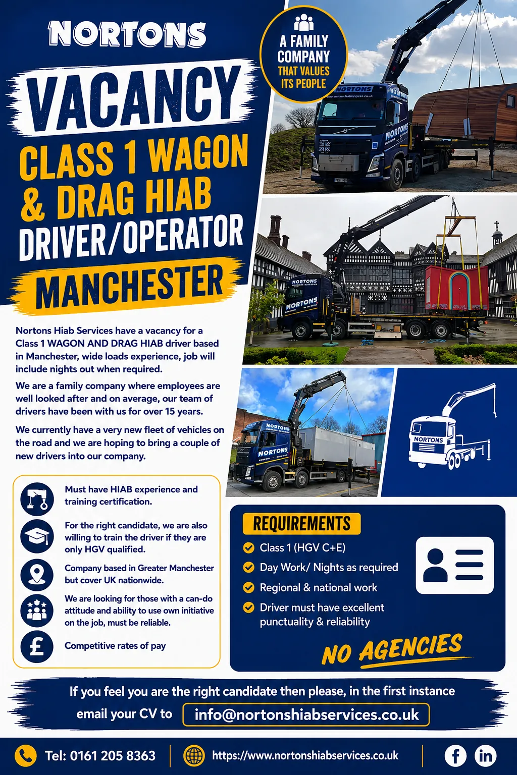 Nortons vacancy poster for a Class 1 wagon and drag HIAB driver in Manchester