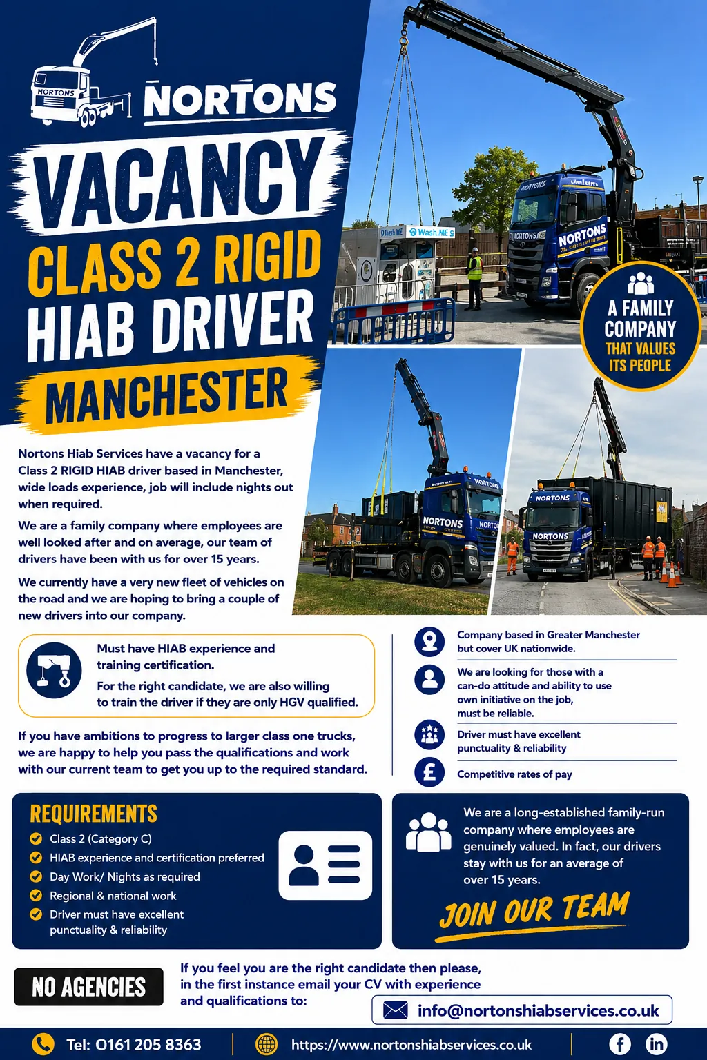 Nortons vacancy poster for a Class 2 rigid HIAB driver in Manchester