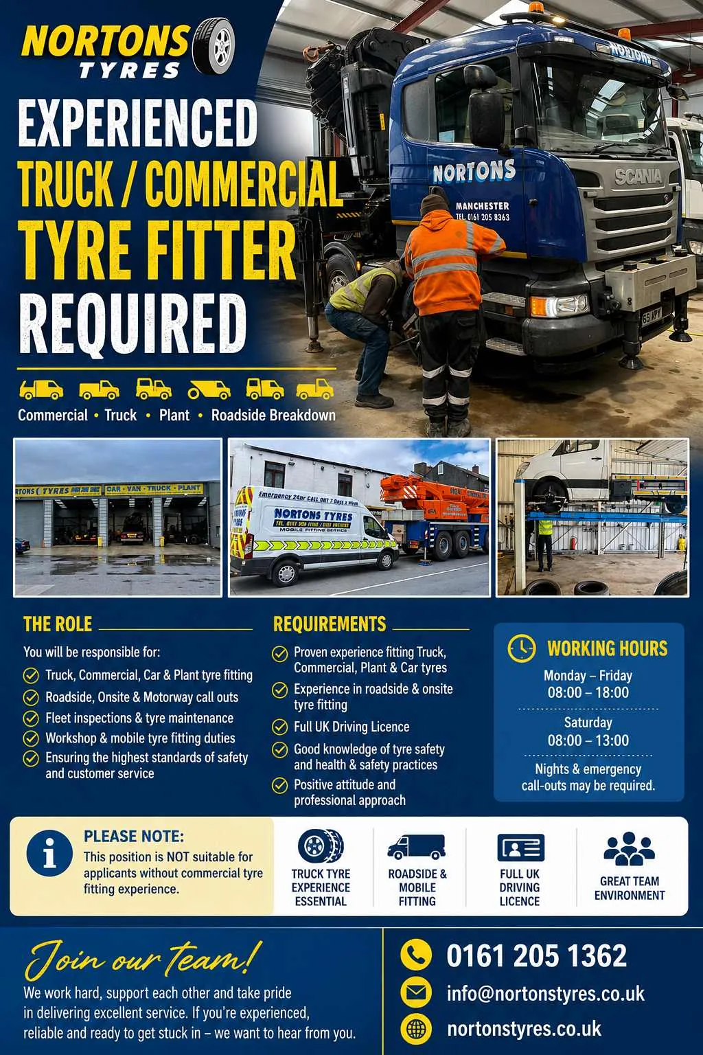Nortons Tyres vacancy poster for an experienced truck and commercial tyre fitter in Manchester