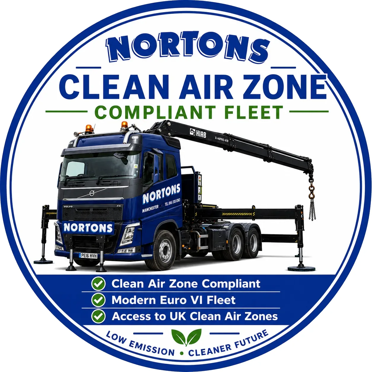 Nortons clean air zone compliant fleet badge showing a Euro VI Volvo hiab