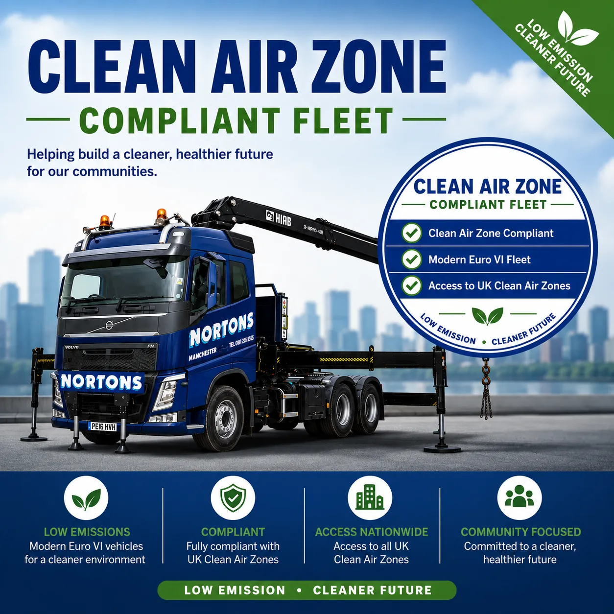 Nortons clean air zone compliant fleet graphic: low emissions, compliant, access nationwide, community focused