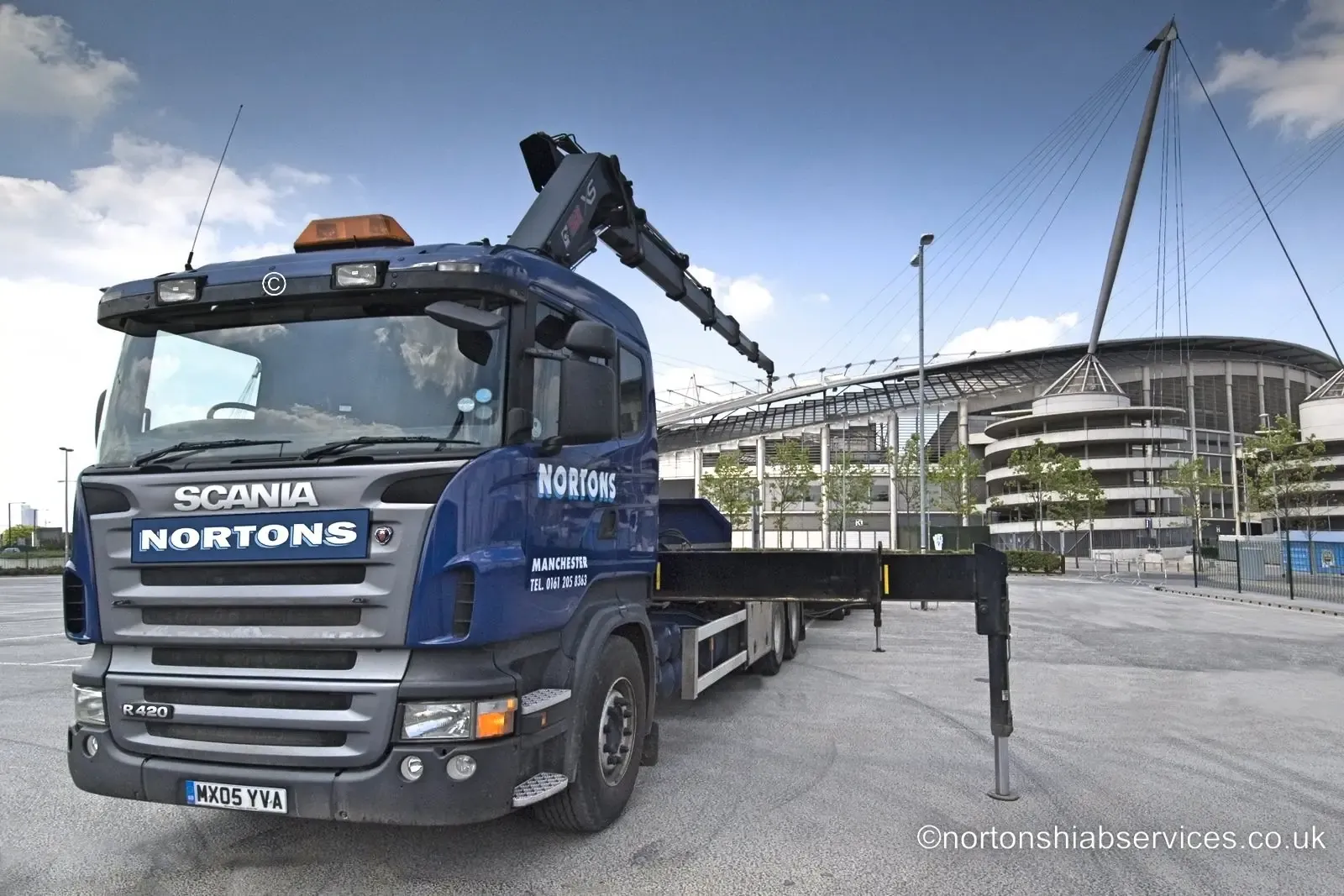Euro VI Nortons Scania hiab lorry with the crane folded behind the cab