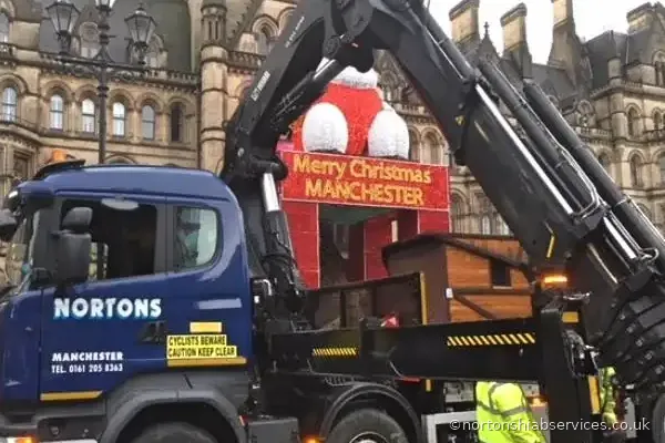 Nortons hiab lifting a Christmas market feature in a Manchester square