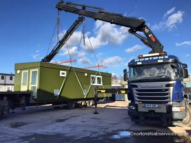 Nortons hiab lifting a modular unit on hardstanding