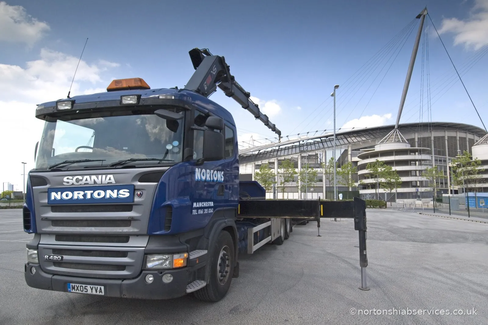 Nortons hiab lorry on the approach to a stadium
