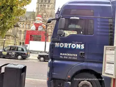 Nortons lorry parked in front of Manchester Town Hall during the Christmas markets build