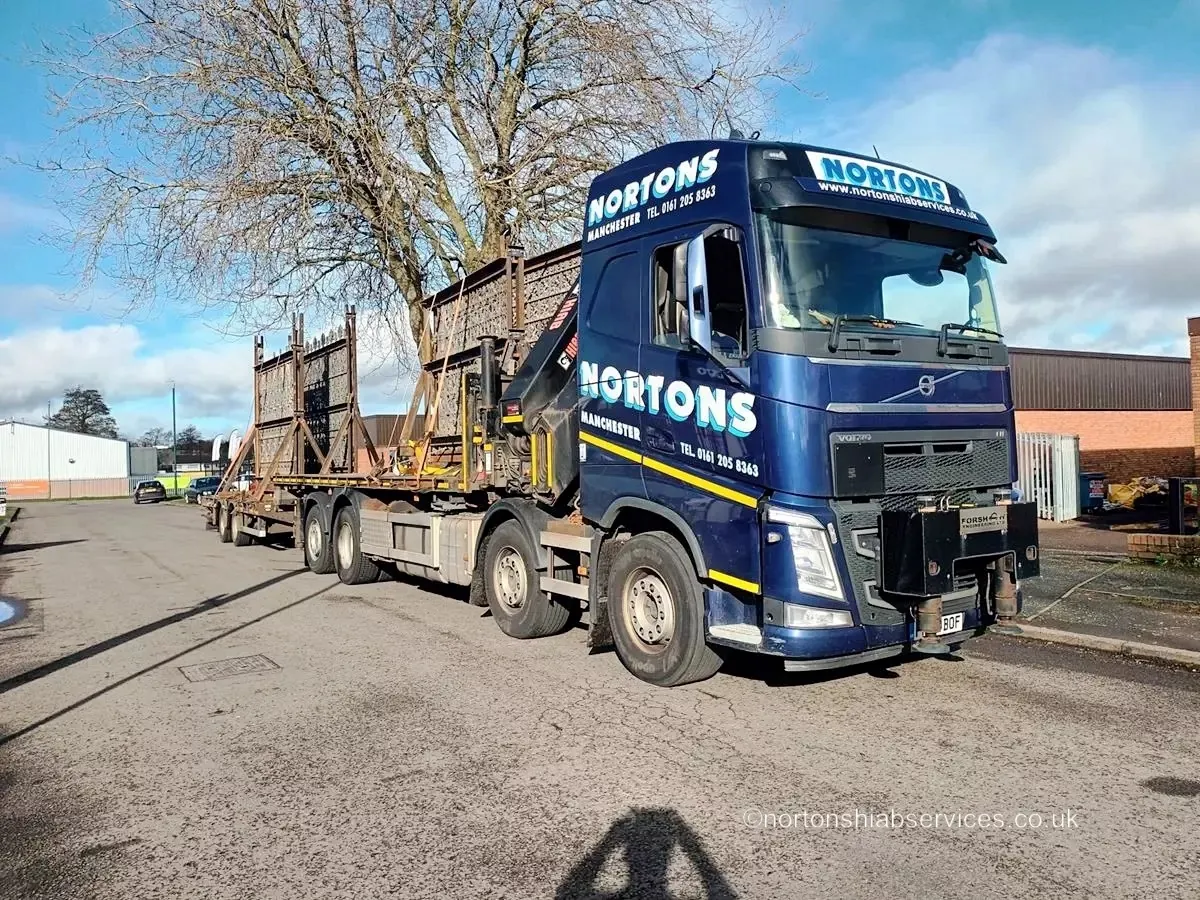 Nortons wagon and drag hiab loaded with timber on a drawbar trailer
