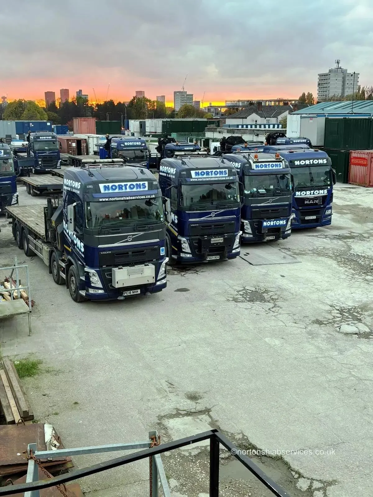 Nortons hiab lorries lined up in the Manchester yard at the end of the day