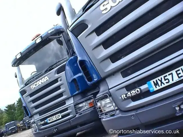 Nortons Scania eight-wheel rigid hiab lorry with the crane folded behind the cab