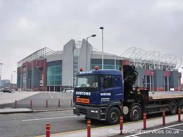 Nortons eight-wheel rigid hiab lorry parked outside Old Trafford