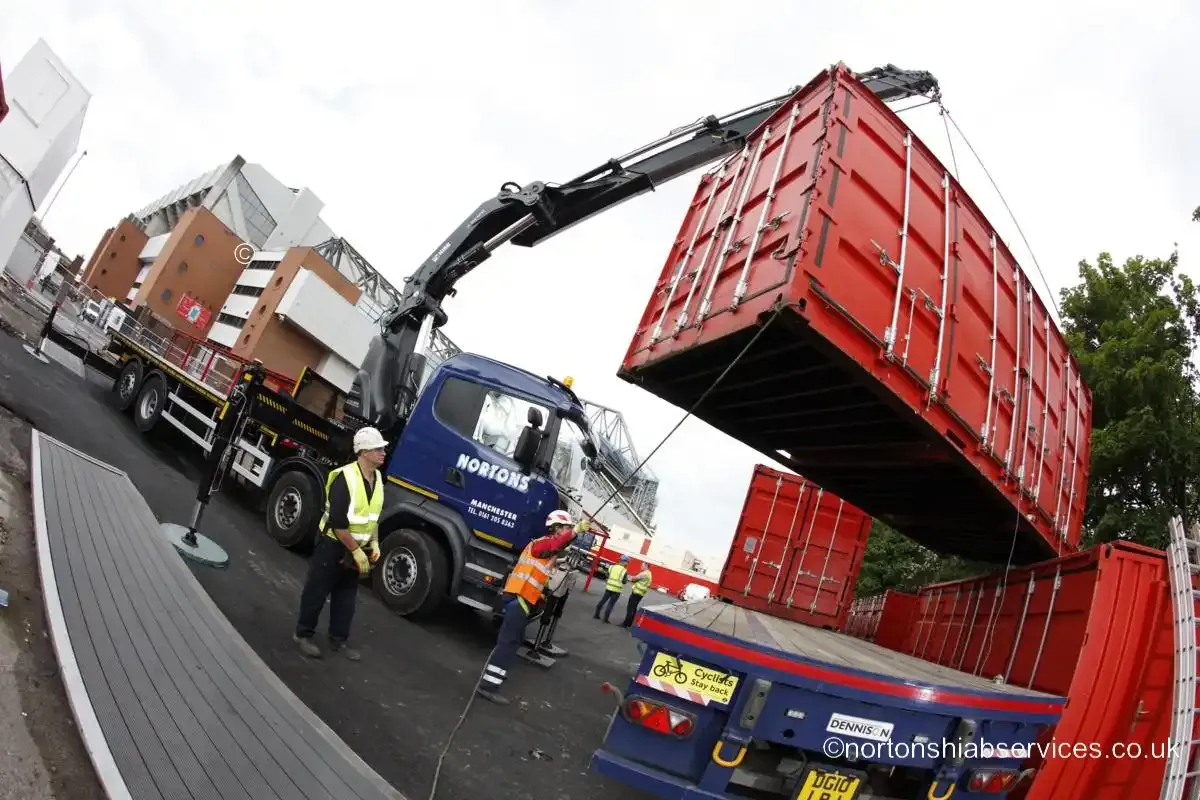 A site unit being landed into position by a Nortons hiab at Anfield