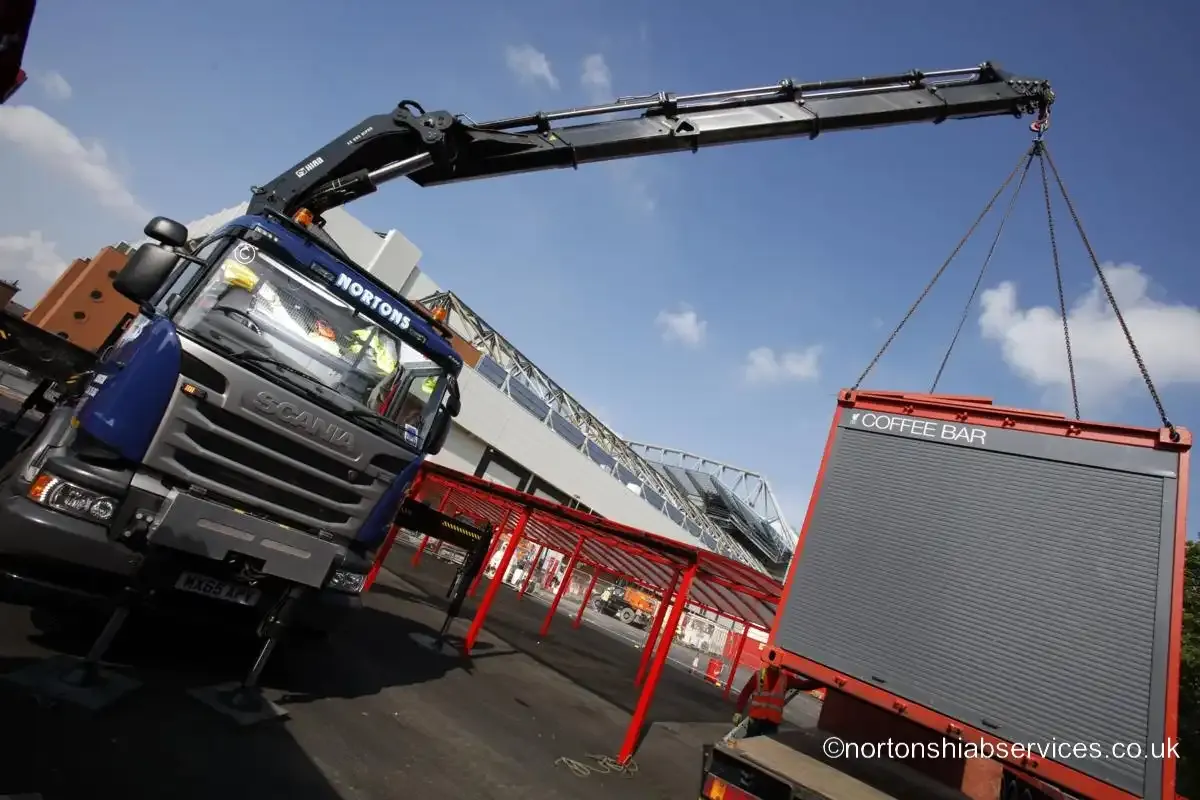 A second site unit being lifted by a Nortons hiab at the Anfield stadium works