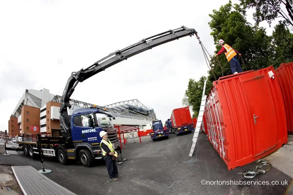 A further site unit lifted by a Nortons hiab during the Anfield site setup