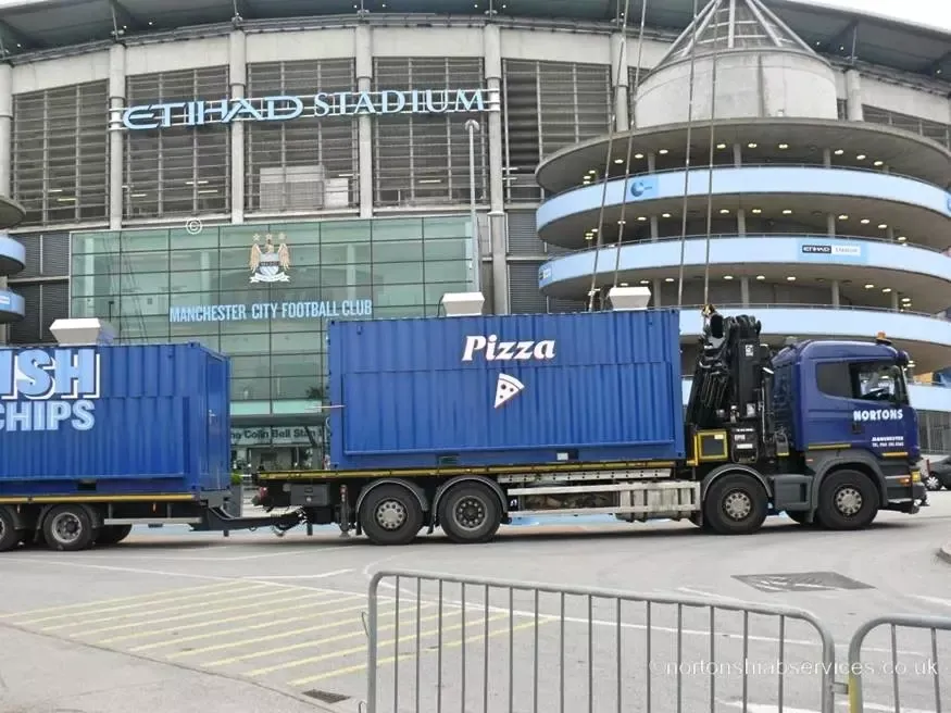 A Nortons hiab working on the concourse at the Etihad Stadium in Manchester