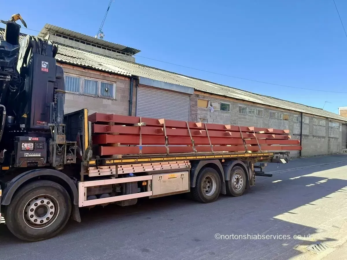 Nortons flatbed loaded with steel and timber for a Manchester delivery run