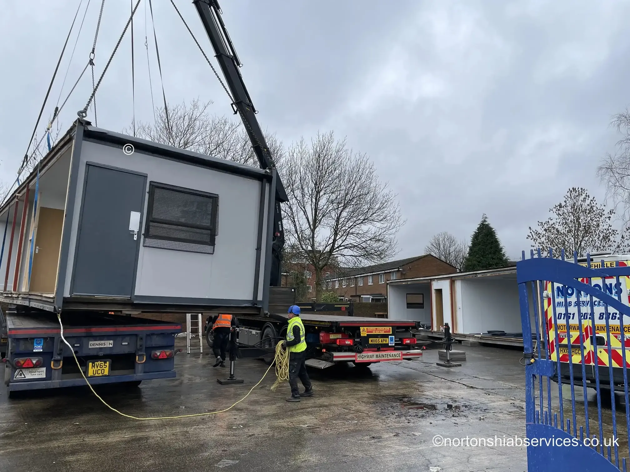 Nortons artic delivering a modular classroom building to a Manchester school