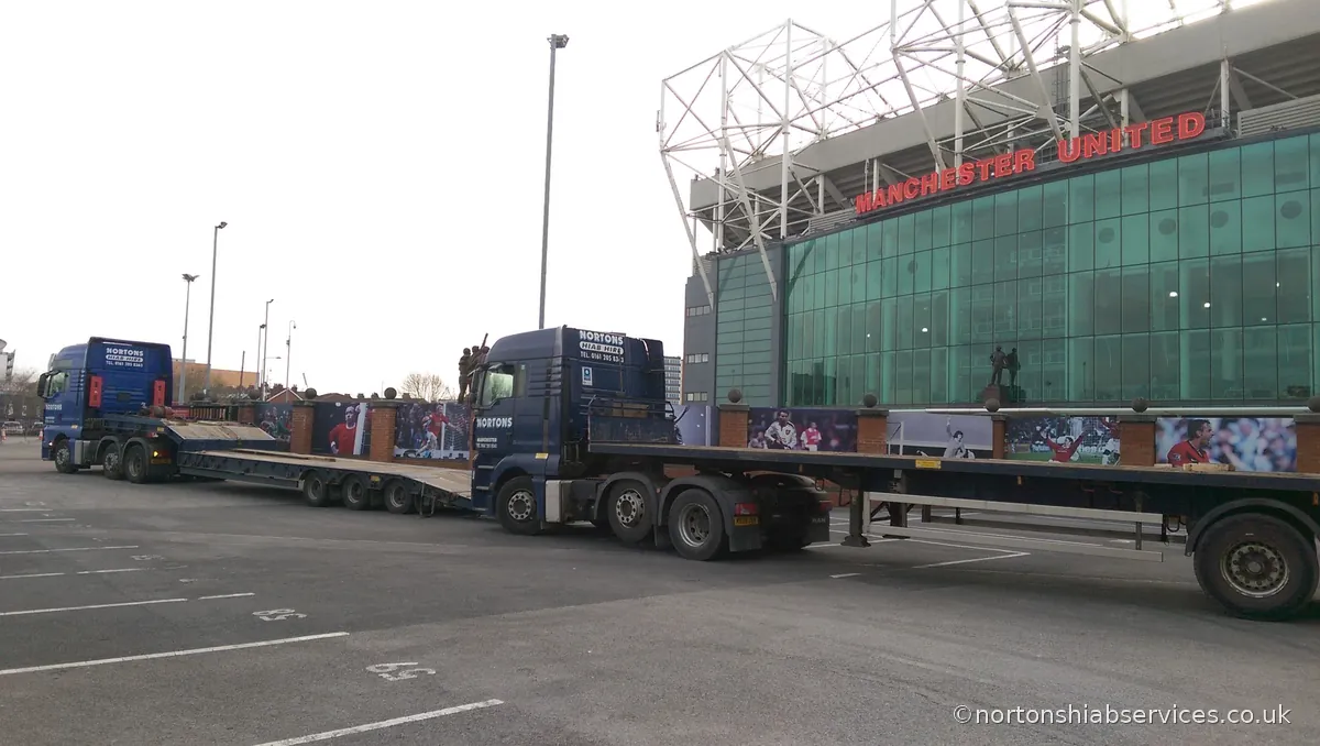 A Nortons hiab lorry arriving loaded at the Old Trafford stadium in Manchester