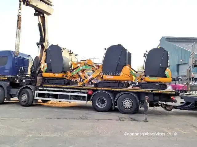 A plant machine loaded on a Nortons trailer for the Norwich to Kilmarnock movement