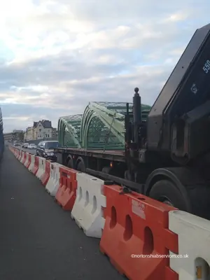 Road barriers and a Nortons vehicle set up at the Scarborough bridge repair job
