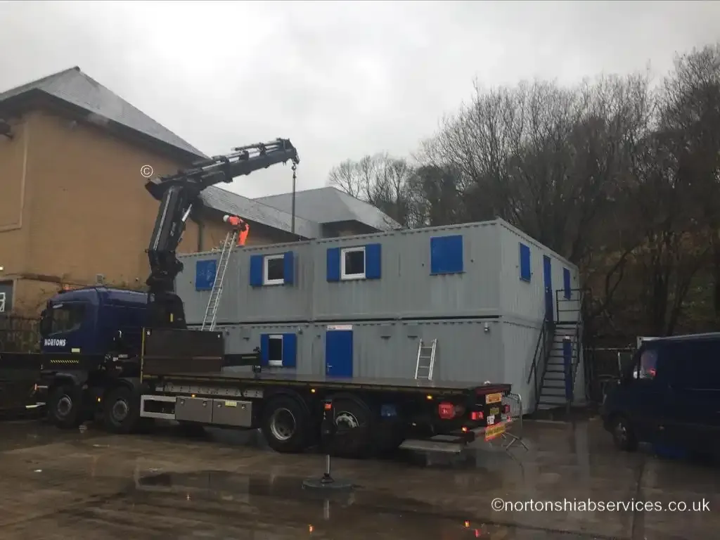 Nortons hiab installing portable cabins on a site at Glossop