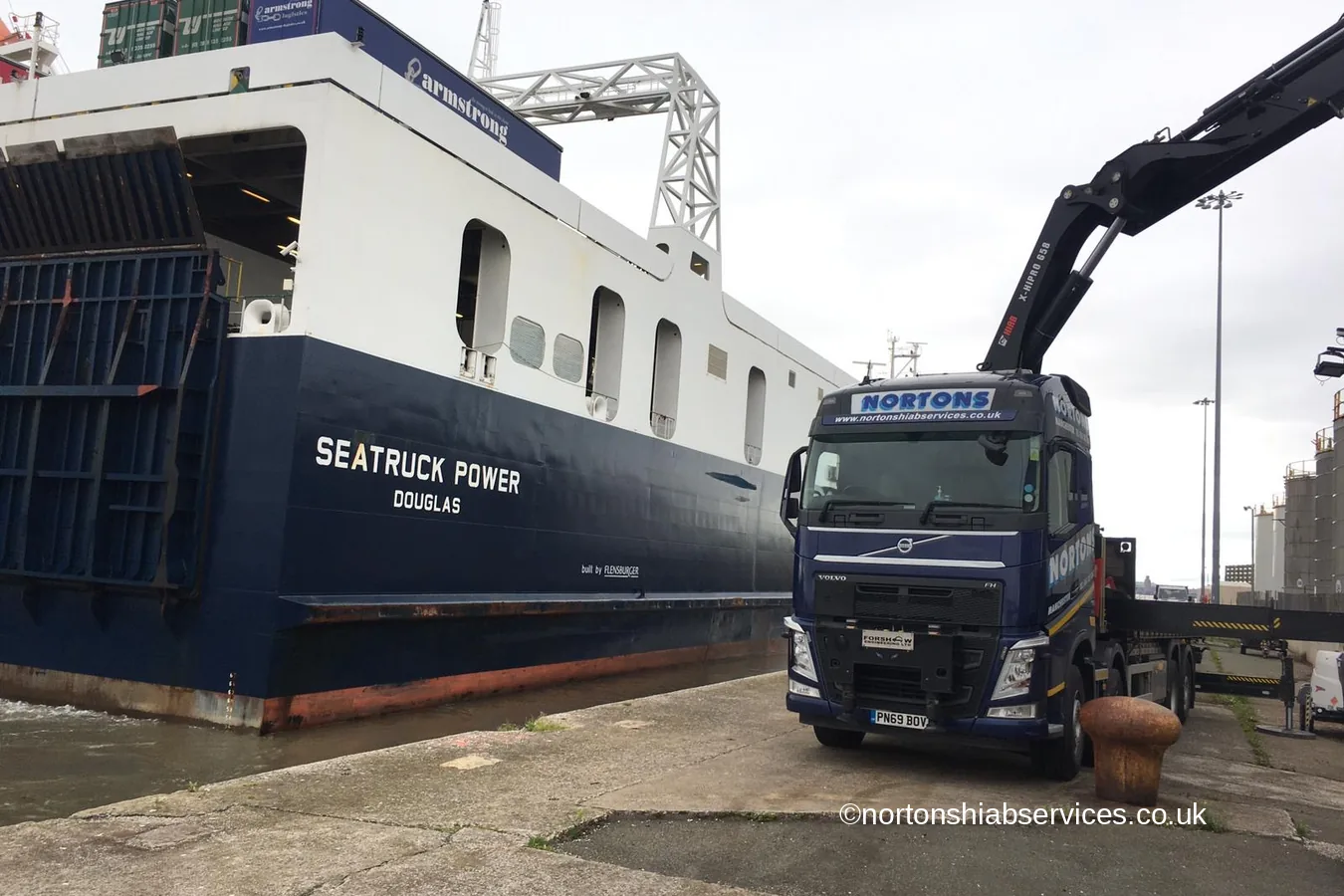 A Nortons hiab lorry working alongside a ro-ro ferry at West Langton Dock
