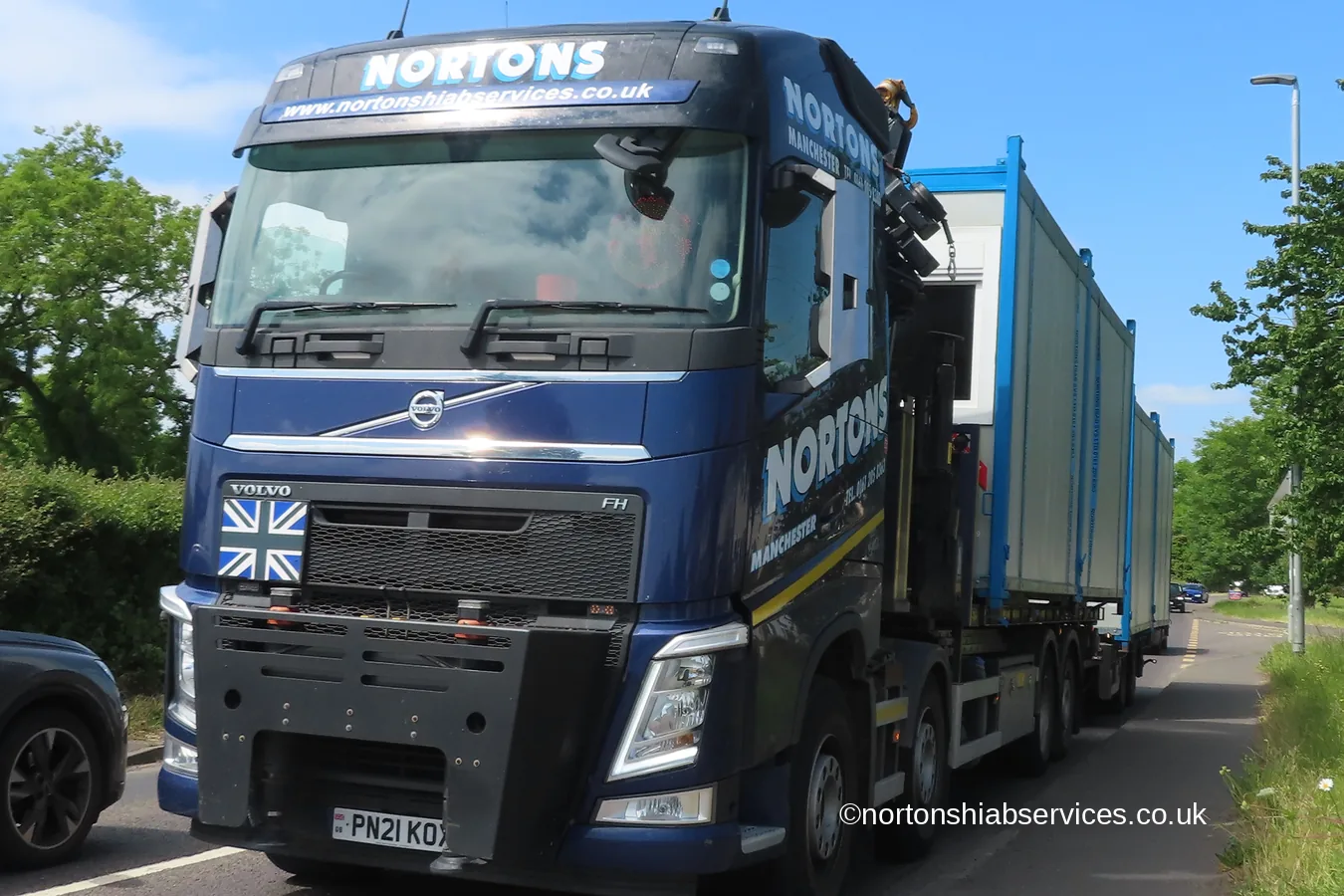 A Nortons Volvo artic hiab loaded and travelling south on the A39