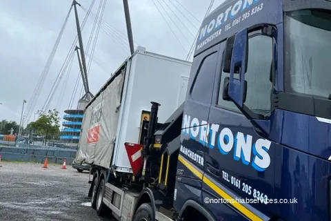 A Nortons hiab lorry loaded and leaving the Etihad Stadium