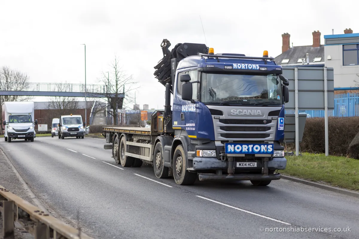 Nortons hiab lorry photographed on a dual carriageway by another driver