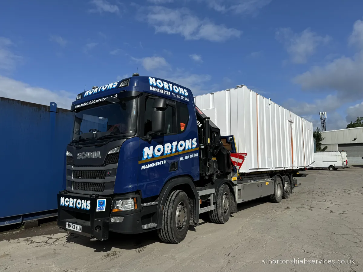 A refurbished portable cabin delivered by Nortons and set down on site