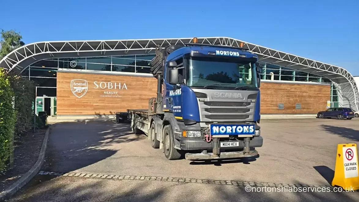 A Nortons Scania eight-wheel rigid parked outside Arsenal's training ground