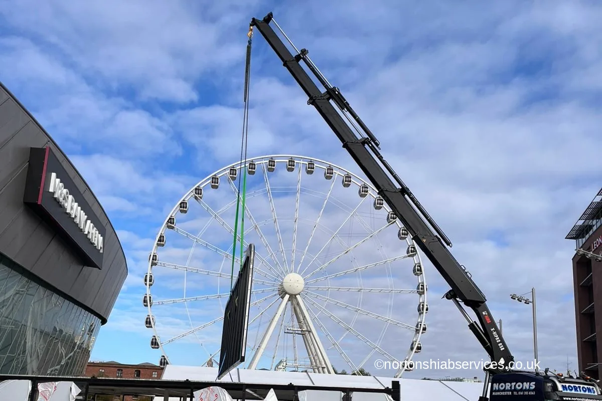 A Nortons rigid hiab set up on the Liverpool waterfront beside the big wheel
