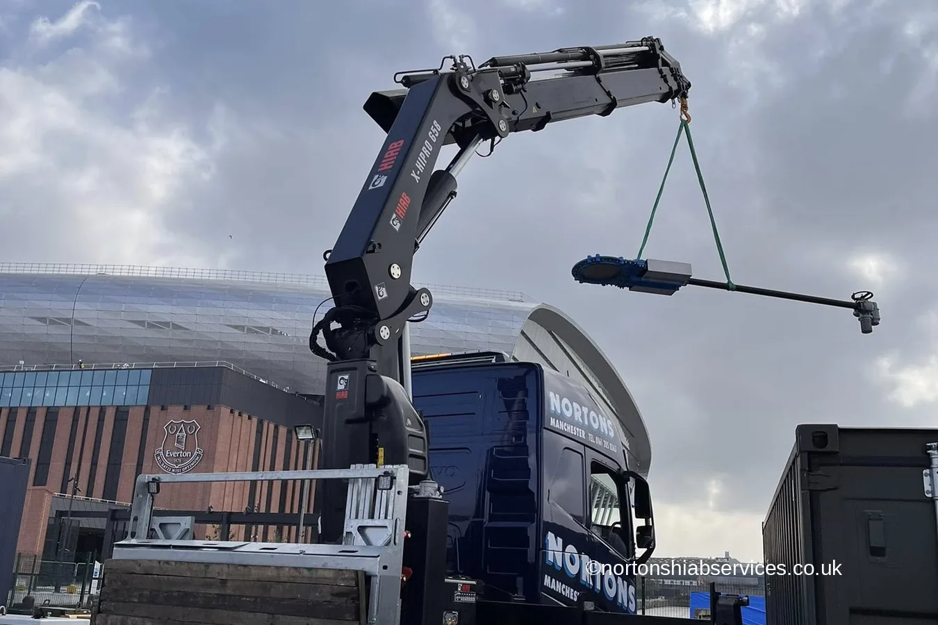 A Nortons hiab working outside Everton's new stadium