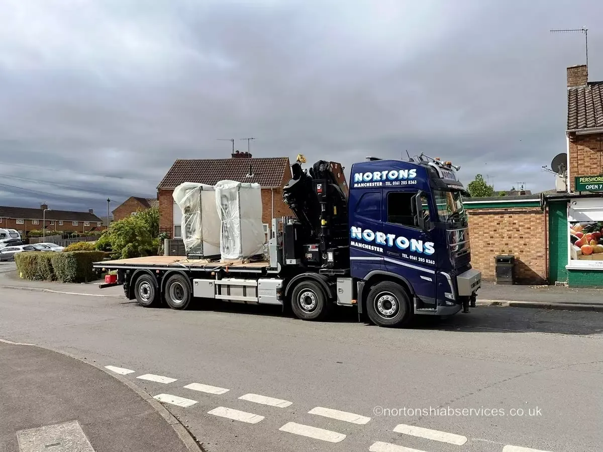 Nortons hiab lorry making a delivery drop-off in Leicester