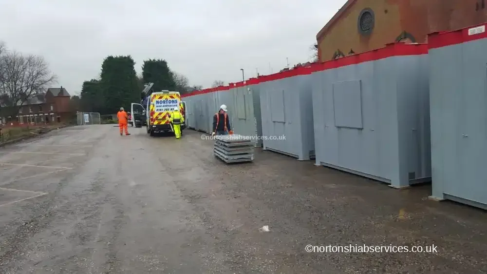 Site accommodation units set out on a Derby compound