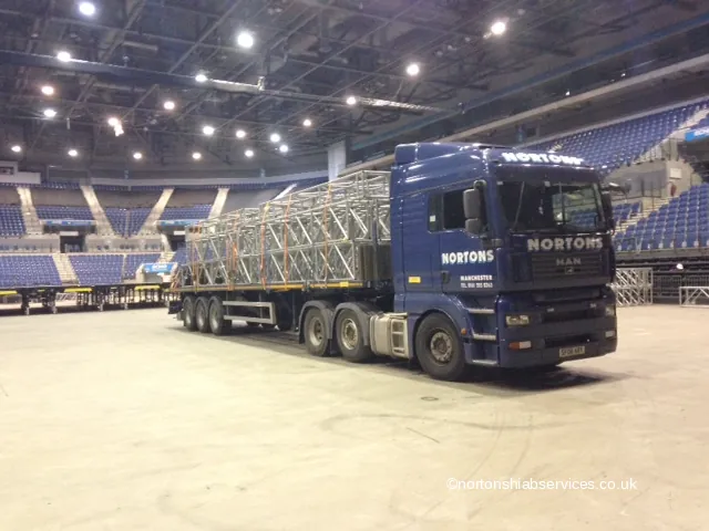 Nortons hiab lorry loaded with truss sections on an arena floor in Liverpool