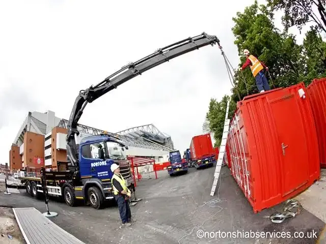 Nortons hiab lifting a steel unit at a Liverpool stadium site